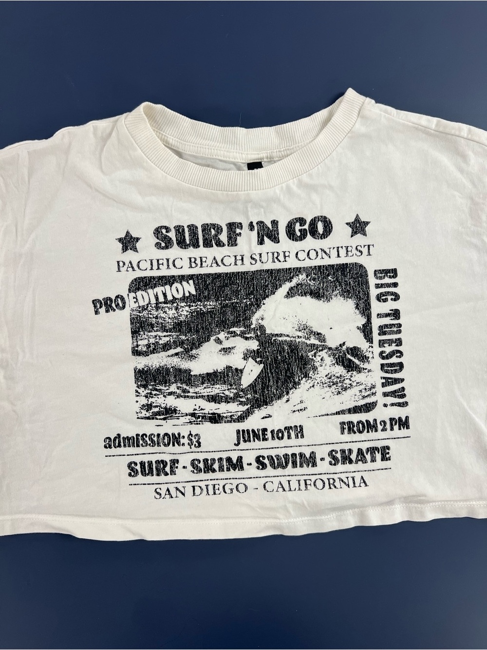 H&M White Crop Top with Black Surf Graphic